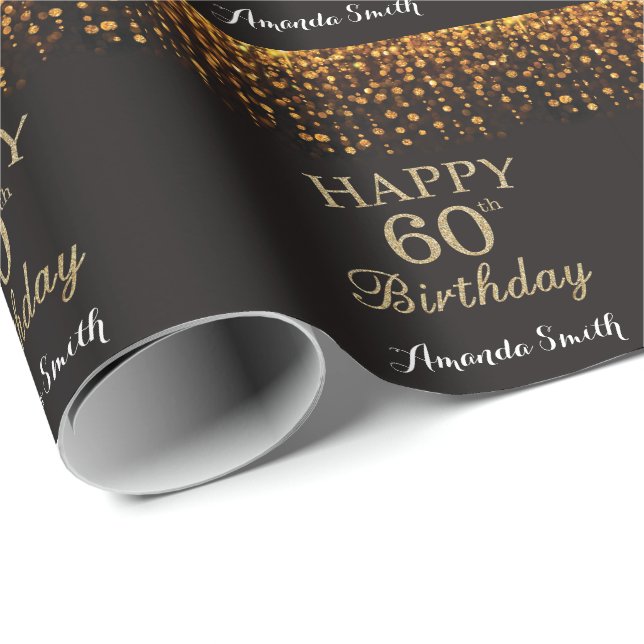 Happy 60th Birthday Black and Gold Glitter Wrapping Paper (Roll Corner)
