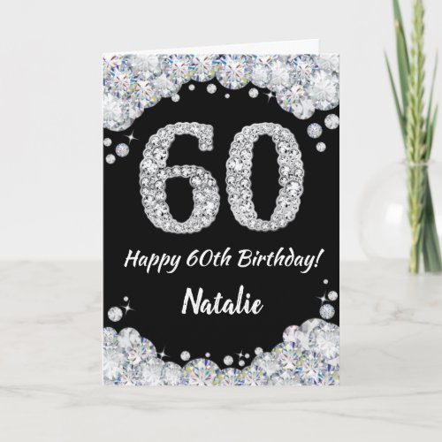 Happy 60th Birthday Black and Silver Glitter Card
