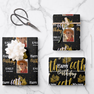 Happy 60th Birthday Black Gold Foliage Photo Wrapping Paper Sheets