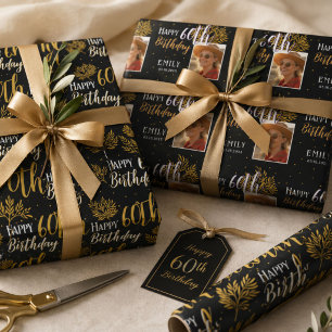 Happy 60th Birthday Black Gold Foliage Photo  Wrapping Paper Sheets
