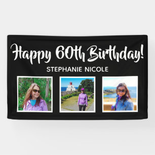 Happy 60th Birthday Black Personalized 3 Photos Banner