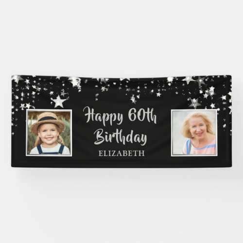 Happy 60th Birthday Black Silver Stars Name Banner - Celebrate the one who's turning 60 and welcome party guests with this black and silver star themed banner sign with two photos and a handwritten brush script font. 
PHOTO TIP:  For fastest/best results, choose a photo with the subject in the middle and/or pre-crop it to a square shape BEFORE uploading. Contact the designer via Zazzle Chat or makeitaboutyoustore@gmail.com if you’d like this design modified, on another product or would like coordinating items.