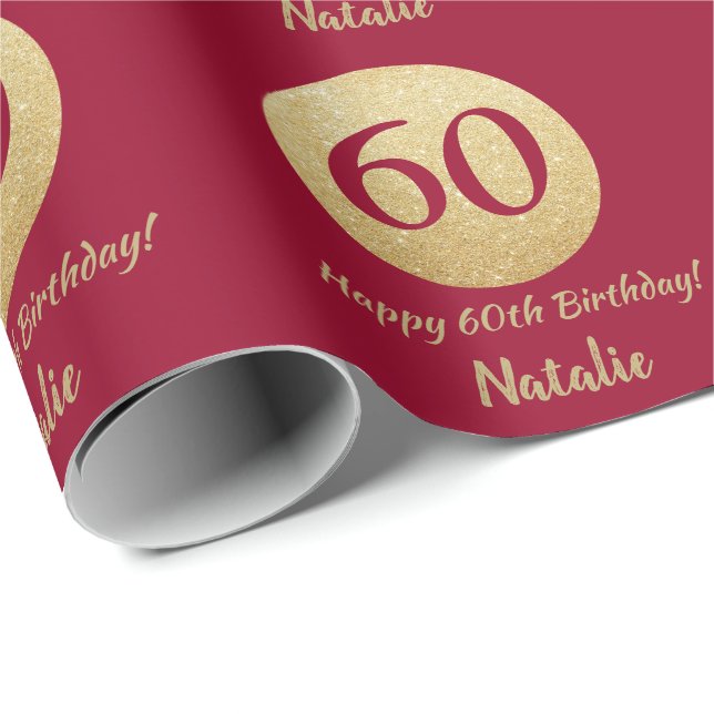 Happy 60th Birthday Burgundy Red and Gold Glitter Wrapping Paper (Roll Corner)