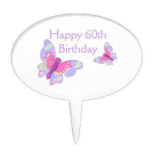 Happy 60th  Birthday Cake Pick with butterflies