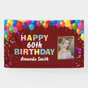 Happy 60th Birthday Colorful Balloons Burgundy Red Banner