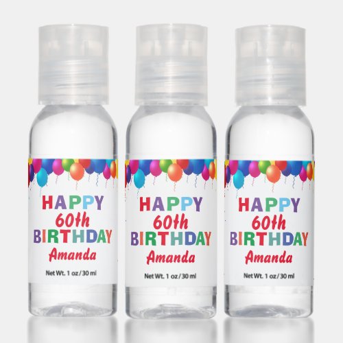 Happy 60th Birthday Colorful Balloons Confetti Hand Sanitizer