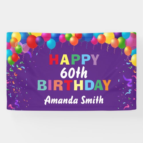 Happy 60th Birthday Colorful Balloons Purple Banner