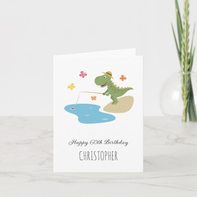 Happy 60th Birthday Cute Cartoon Dinosaur Fishing Card (Front)