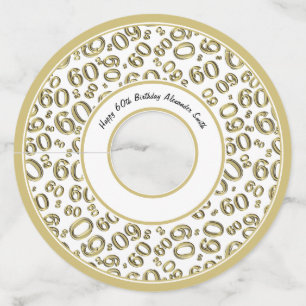 Happy 60th Birthday Gold and White Number Theme Wine Glass Tag