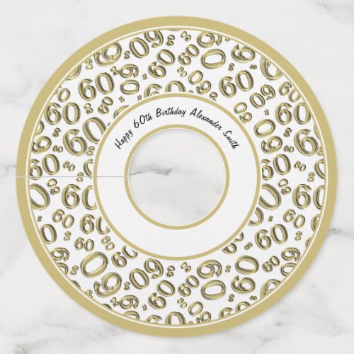 Happy 60th Birthday Gold and White Number Theme Wine Glass Tag