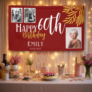 Happy 60th Birthday Gold Foliage 3 Photo Backdrop Banner