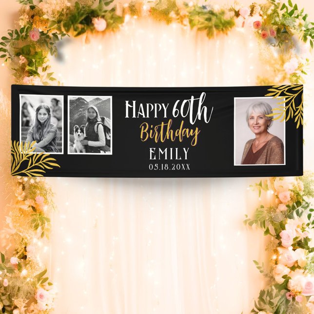 Happy 60th Birthday Gold Foliage 3 Photo Backdrop Banner (Creator Uploaded)