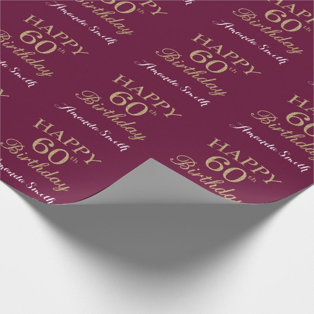 Happy 60th Birthday Gold Glitter and Burgundy Red Wrapping Paper (Corner)