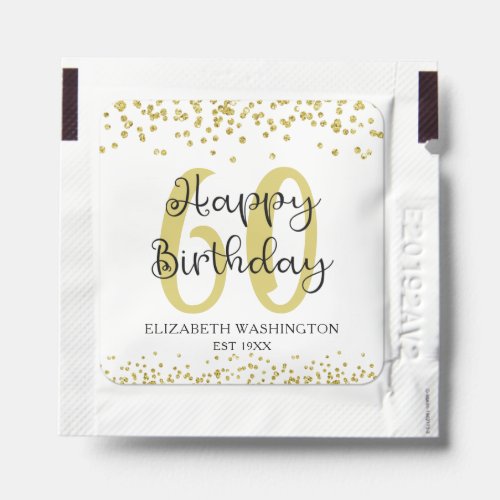 Happy 60th Birthday Gold Glitter Script Favor Hand Hand Sanitizer Packet - Create a 60th or any birthday party favor with these hand sanitizer packets designed with gold glitter confetti and script HAPPY BIRTHDAY and personalized with their age, name and date (or other text you choose). Contact the designer via Zazzle Chat or makeitaboutyoustore@gmail.com if you'd like this design modified, on another product or coordinating items.