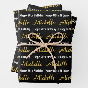 Happy 60th Birthday Gold Name Black and White Wrapping Paper Sheets