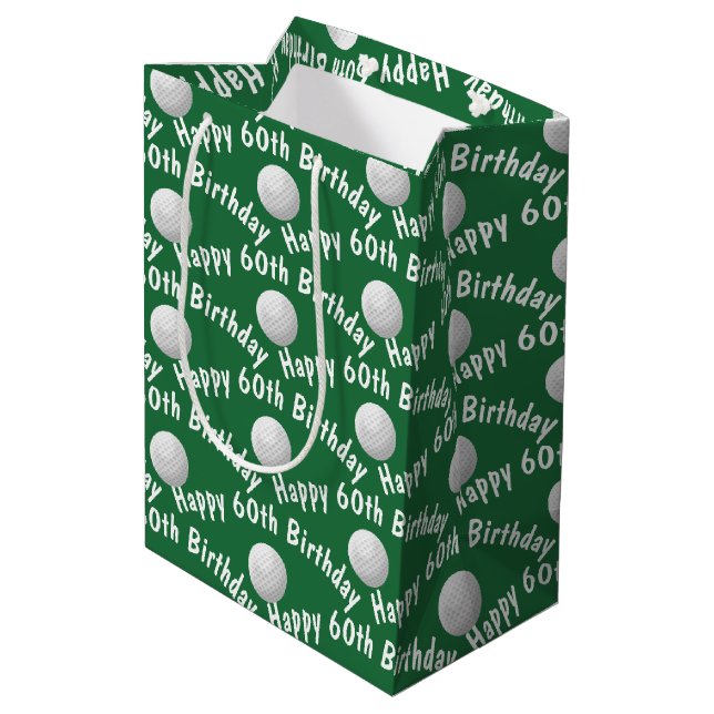 Happy 60th Birthday Golf Balls Medium Gift Bag (Back Angled)