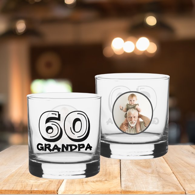 Happy 60th Birthday Grandpa Photo Whiskey Glass (Front And Back - In Situ)