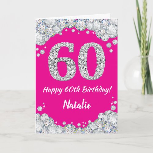 Happy 60th Birthday Hot Pink and Silver Glitter Card
