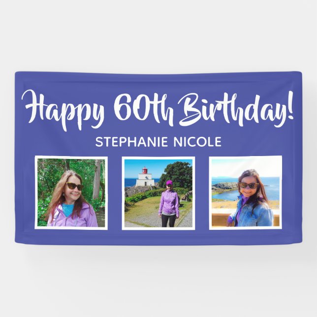 Happy 60th Birthday Lavender Personalized 3 Photos Banner (Horizontal)