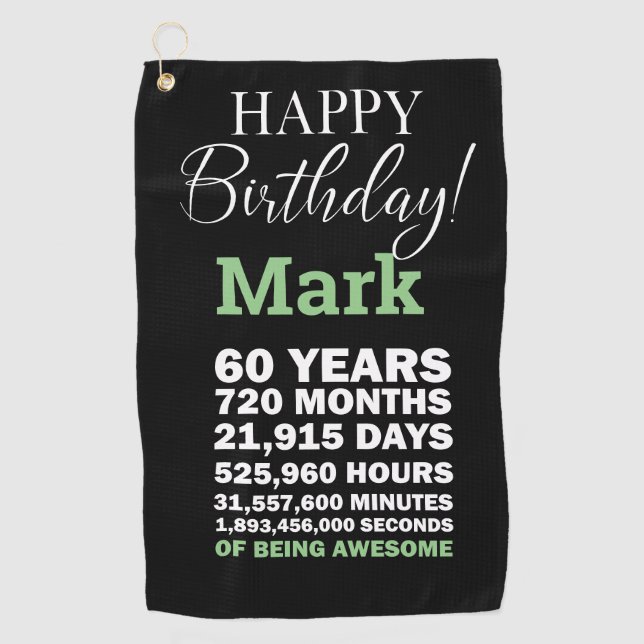 Happy 60th Birthday Mark 60 Years of Being Awesome Golf Towel (Front)