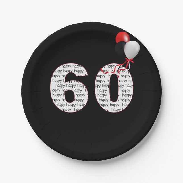 Happy 60th Birthday On Black Paper Plates (Front)