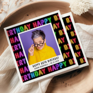Happy 60th Birthday Photo Rainbow Neon Napkins