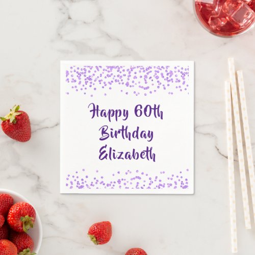 Happy 60th Birthday Purple Glitter Brush Script Napkins - Personalized 60th birthday party napkins with purple glitter confetti and a modern, chic, handwritten brush script message area you can customize to make your own--the sample says HAPPY 60th BIRTHDAY NAME. All text is editable to use for any age birthday or other occasion. Contact the designer via Zazzle Chat or makeitaboutyoustore@gmail.com if you'd like this design modified, on another size banner, on another product or would like like coordinating items.