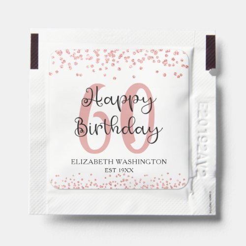 Happy 60th Birthday Rose Gold Glitter Script Favor Hand Sanitizer Packet - Create a 60th or any birthday party favor with these hand sanitizer packets designed with rose gold glitter confetti and modern, chic script HAPPY BIRTHDAY and personalized with their age, name and date (or other text you choose). Contact the designer via Zazzle Chat or makeitaboutyoustore@gmail.com if you'd like this design modified, on another product or coordinating items.