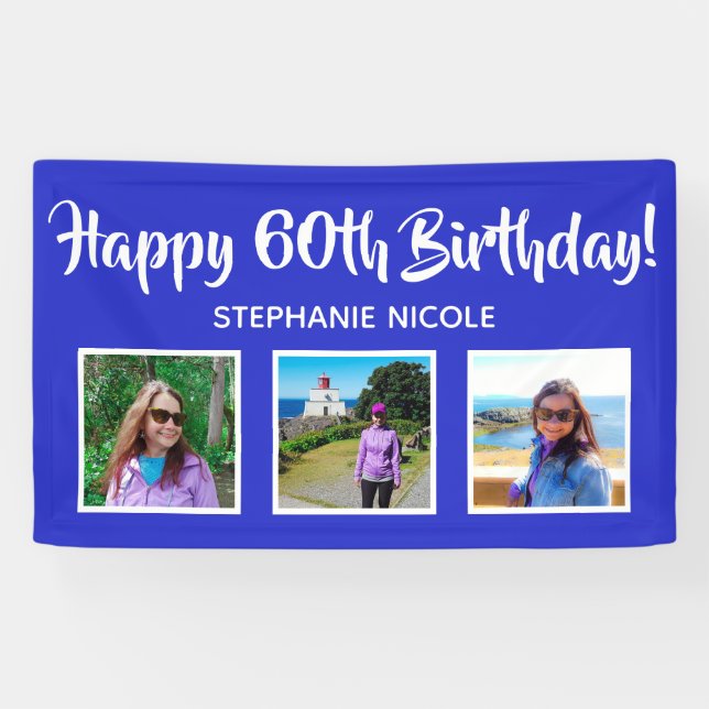 Happy 60th Birthday Royal Blue Personalized Photos Banner (Horizontal)