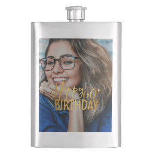 Happy 60th Birthday Script Personalized Photo Flask