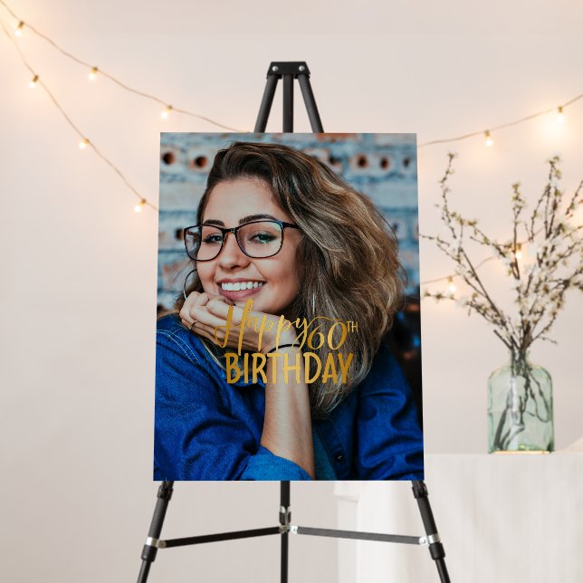 Happy 60th Birthday Script Personalized Photo Foam Board (In Situ (Stand))