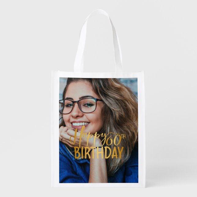 Happy 60th Birthday Script Personalized Photo Grocery Bag (Front)