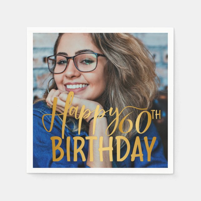 Happy 60th Birthday Script Personalized Photo Napkins (Front)