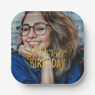 Happy 60th Birthday Script Personalized Photo Paper Plates