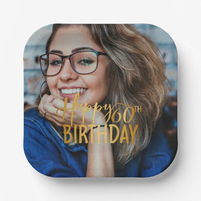 Happy 60th Birthday Script Personalized Photo Paper Plates (Front)