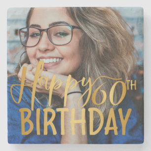 Happy 60th Birthday Script Personalized Photo Stone Coaster