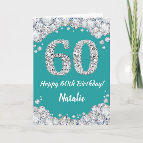 Happy 60th Birthday Teal and Silver Glitter Card