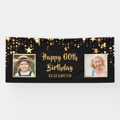 Happy 60th Birthday Then & Now Photos Stars Banner - Celebrate the one who's turning 60 and welcome party guests with this black and gold star themed banner sign featuring THEN and NOW photos and a brush script font. 
PHOTO TIP:  For fastest/best results, choose a photo with the subject in the middle and/or pre-crop it to a square shape BEFORE uploading and it will fill in the photo space provided perfectly. 
Contact the designer if you’d like this design modified, on another product or would like coordinating items to complete your party ensemble.