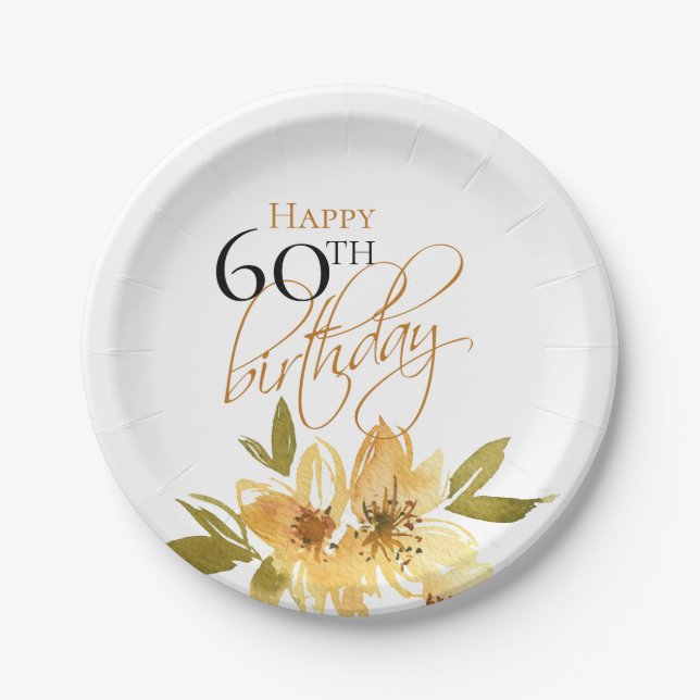 Happy 60th Birthday Yellow Flower Paper Plates (Front)