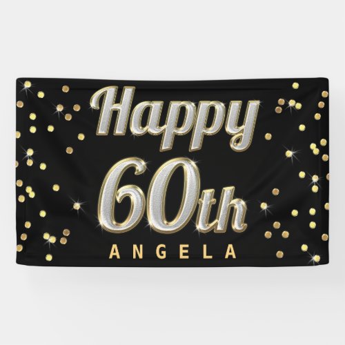 Happy 60th Bling Typography Gold Confetti Black Banner