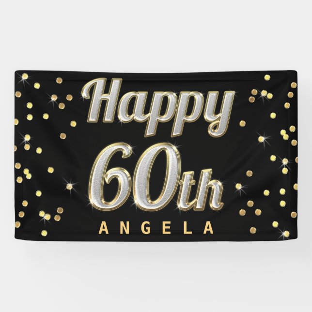 Happy 60th Bling Typography Gold Confetti Black Banner (Horizontal)