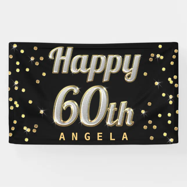 Happy 60th Bling Typography Gold Confetti Black Banner | Zazzle
