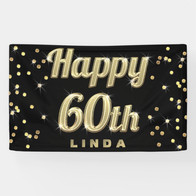 Happy 60th Gold Bling Typography Confetti Black Banner (Horizontal)