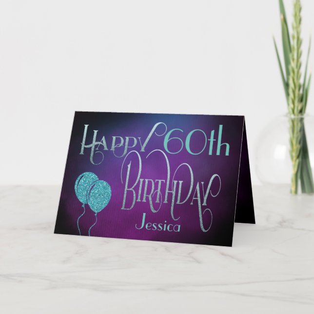 Happy 60th Name Purple Teal Mystical Birthday Card (Front)