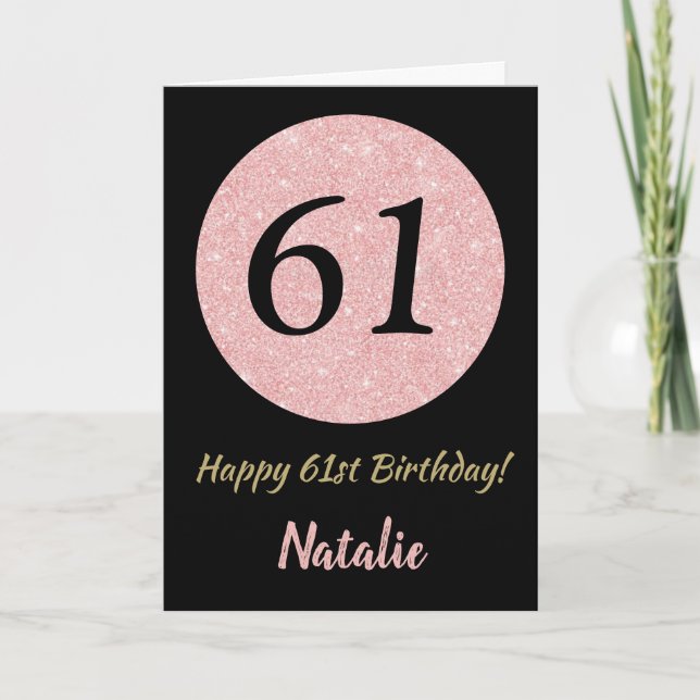 Happy 61st Birthday Black and Rose Pink Gold Card (Front)