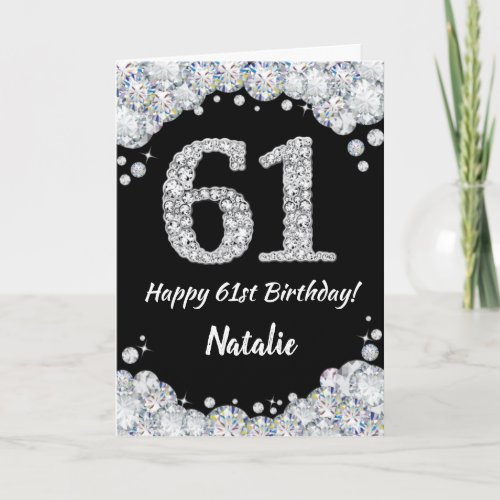 Happy 61st Birthday Black and Silver Glitter Card