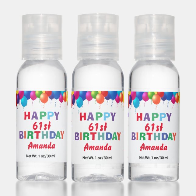 Happy 61st Birthday Colorful Balloons Confetti Hand Sanitizer (Set)