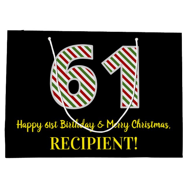 Happy 61st Birthday & Merry Christmas, Custom Name Large Gift Bag (Back)
