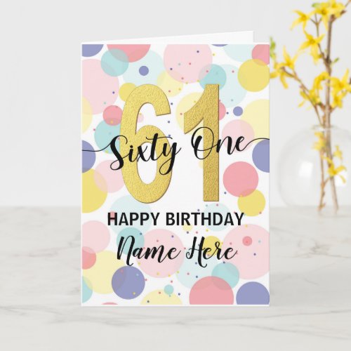 Happy 61st Birthday Pastel Rainbow and Gold Girl Card