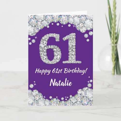 Happy 61st Birthday Purple and Silver Glitter Card